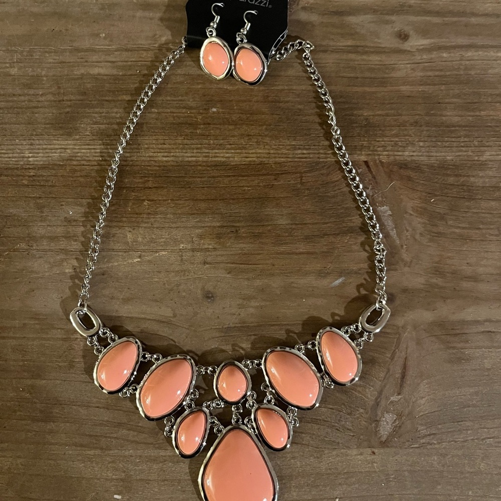 Paparazzi Silver and Coral Necklace‎ Set